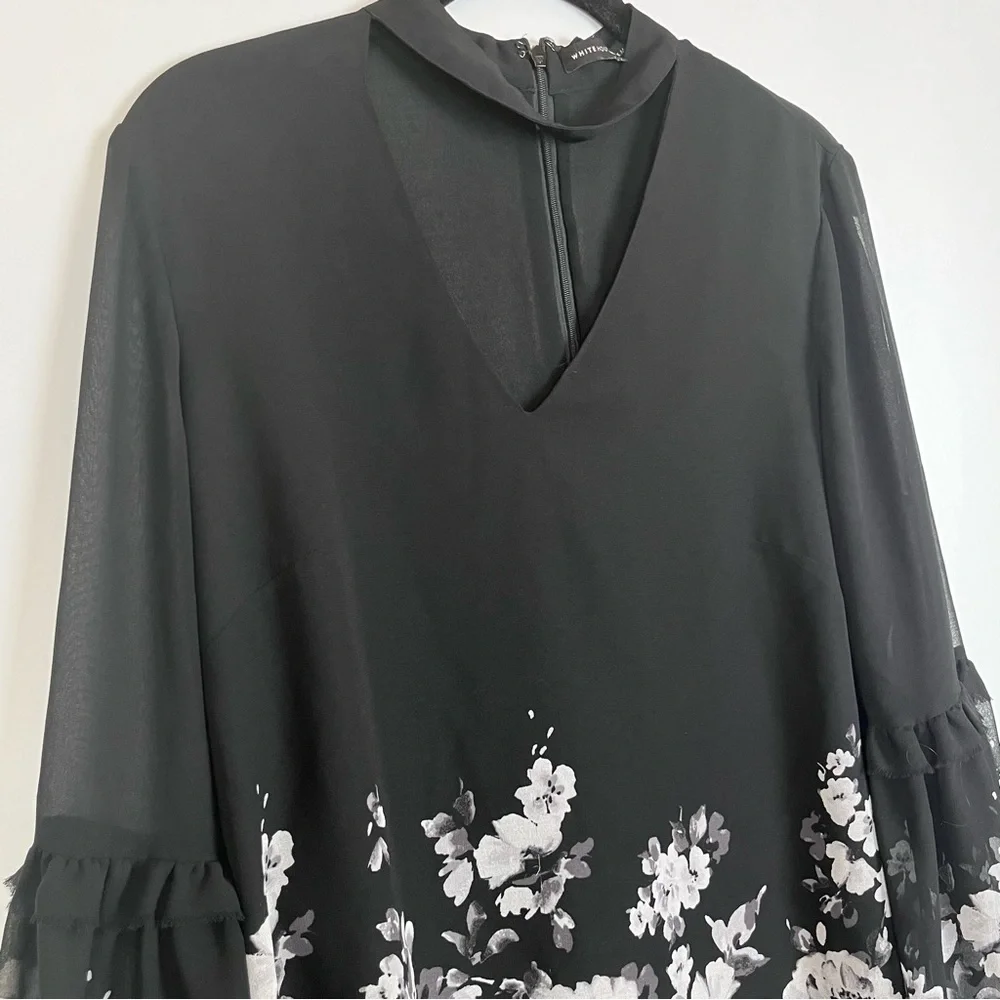 White House Black Market Blouse Size 8 Black White Floral Choker Chiffon Lined